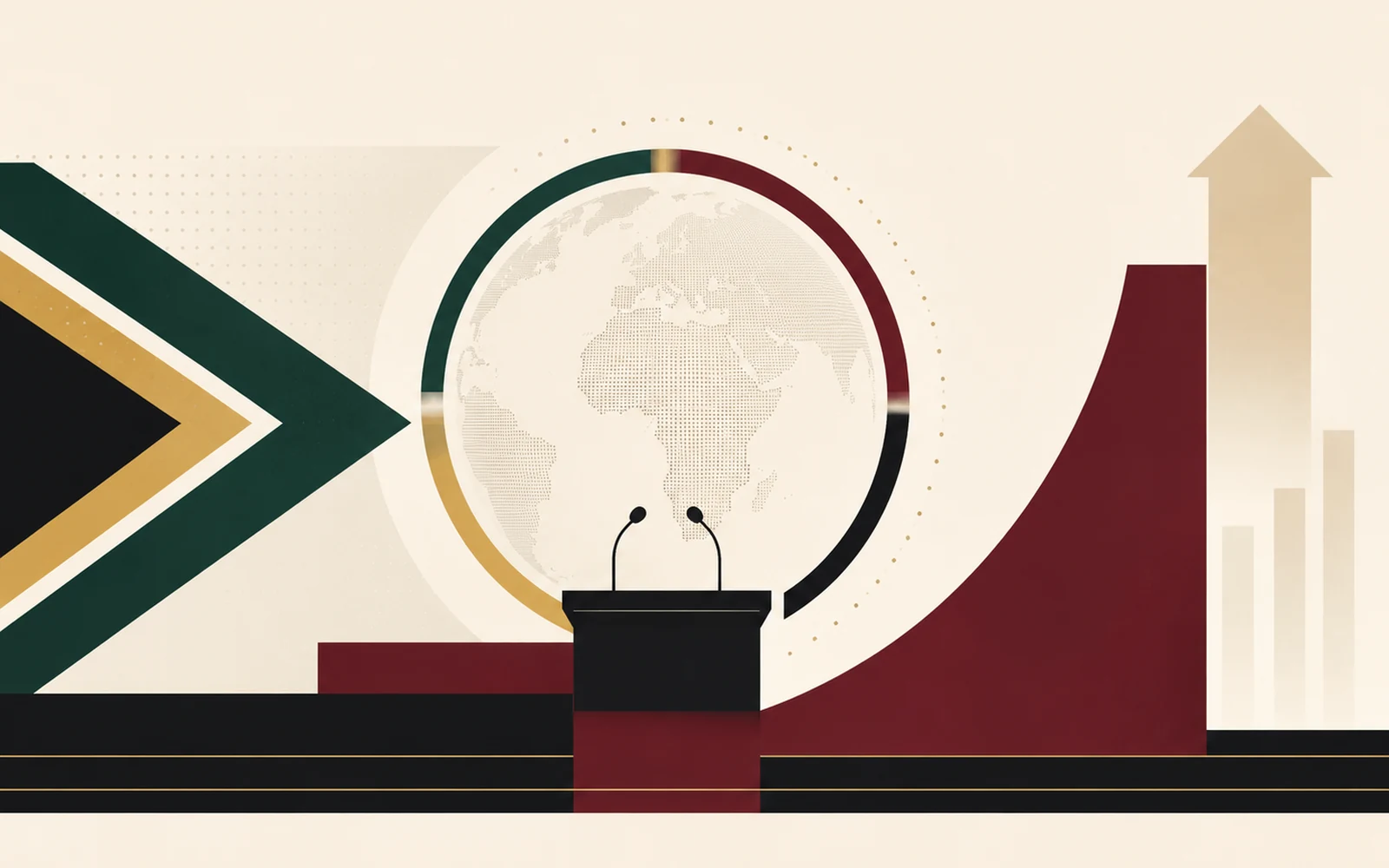 Editorial artwork representing South Africa's global leadership and G20 presidency